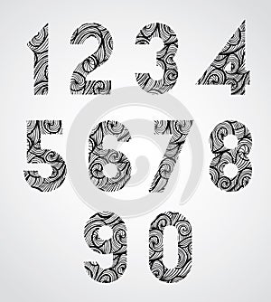 Old style numbers with hand drawn curly lines pattern.