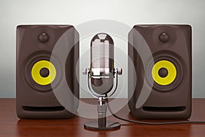 Old Style Photo. Vintage silver microphone and Audio Speakers