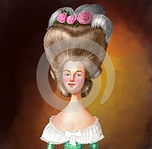 Old style portrait, 17th, 18th century. Detailed caricature of an old era woman, old fashion. High hairstyle wig, blonde hair,