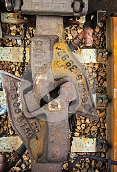 Old style railway coupling and buffers for linking wagons. Connecting coupling device between railway cars on train at rail track photo