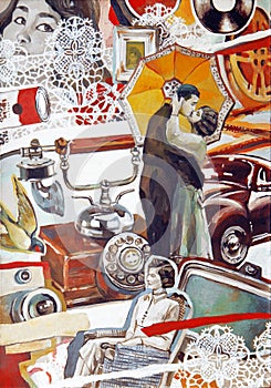 Old-style retro oil collage illustration with young couple