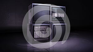 Old style television video wall, with TV noise in a dark, retro video, 3D rendering concept