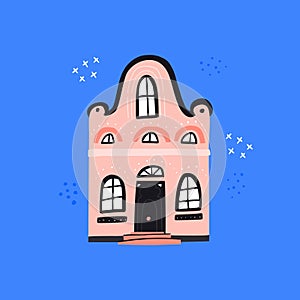 Old style townhouse facade flat vector illustration