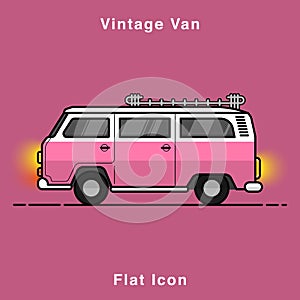 Old style two colors minivan. Front view of red retro hippie bus. Line style vector illustration. Vehicle and transport banner. Re