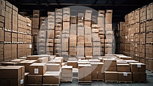 Old style warehouse with cardboard boxes stacked on top of each other