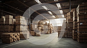 Old style warehouse with cardboard boxes stacked on top of each other