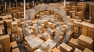 Old style warehouse with cardboard boxes stacked on top of each other