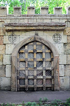 Old style wooden door from medieval era. Entrance to an antique place