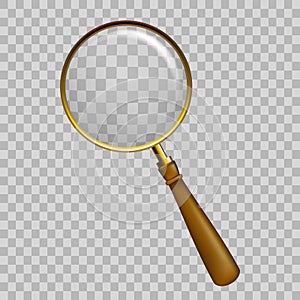 Old Style wooden with gold metal Magnify glass transparent lens, vector illustration. Magnifier with light reflection