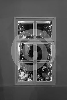 Old style wooden window with christmas decoration