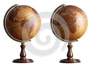 Old style world Globe isolated on white background.  Two hemispheres of the globe in antique style. South and North America and