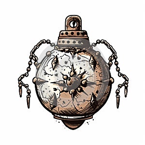 Medieval Era Bomb: Engraved Metal Sphere With Chains - Steampunk Illustration photo