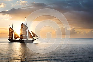 old styled wooden sailing ship in the sea cruising over beautiful sunset sky with clouds created with generative ai