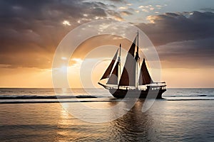 old styled wooden sailing ship in the sea cruising over beautiful sunset sky with clouds created with generative ai