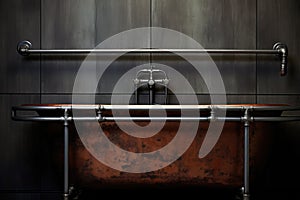 Old stylish bathtub with metal handles for the elderly