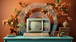 Old stylish vintage retro personal computer for video games and work poster