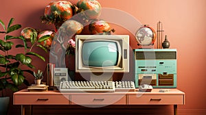 Old stylish vintage retro personal computer for video games and work poster