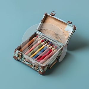 old suitcase with colored pencils, generative AI