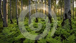 An old summery boreal forest with some aspens and ferns during an evening