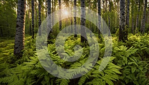 An old summery boreal forest with some aspens lush ferns during an evening