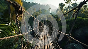 Old suspension wood bridge over tropical river, vintage wooden footbridge in jungle. Scene like in adventure movie. Concept of