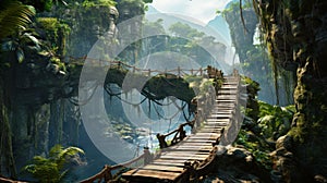 Old suspension wooden bridge in jungle, vintage wood hanging footbridge in mountains. Scene like in adventure movie. Concept of