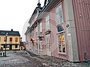 Old Swedish shopping center with wooden buildings