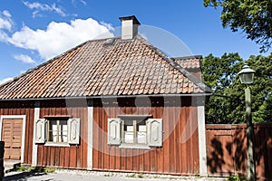 Old Swedish wooden house in Skansen park, Stockholm, Sweden