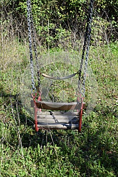 Old swing in overgrown garden