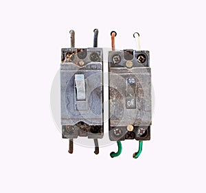Old switch electrical safety circuit breaker box black with dust and cobwebs damaged isolated on white background