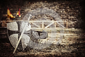 The old sword and shield on the castle background