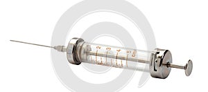 Old syringe isolated on white. Clipping path .