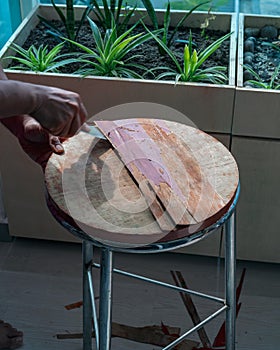 old table scraper spokes have scapula exotic hardwood sawdust board chip shavings