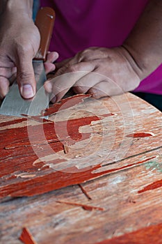 Old table scraper spokeshave scapele exotic hardwood sawdust board chip shavings
