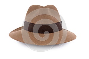 Old tan brown felt Fedora hat isolated on white background