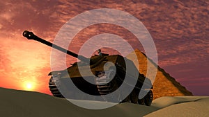 Old Tank at Sunset in Desert with Pyramid background