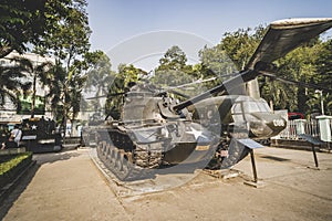 Old tank of United state army display at Vietnamese War Remnants Museum, museum keep history evidence of war time for Saigon