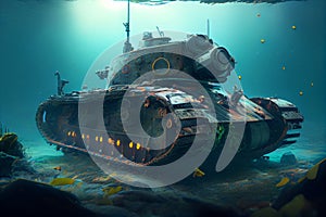 old tank wreck underwater. sunken military tank