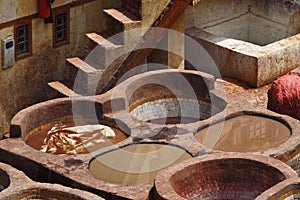 Old tannery in Fez, Morocco. The tanning industry in the city is considered one of the main tourist attractions. The tanneries are