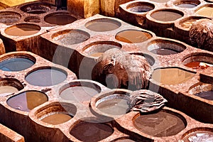 Old tannery in Fez, Morocco. The tanning industry in the city is considered one of the main tourist attractions. The tanneries are