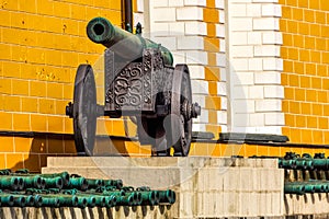 Old tarnished canons on wheels inside the Kremlin, Moscow, Russia