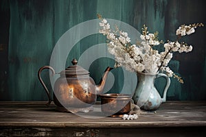 an old, tarnished copper teapot on a rustic wooden table