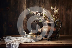 an old, tarnished copper teapot on a rustic wooden table