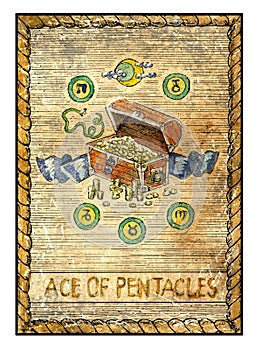 Old tarot cards. Full deck. Ace of pentacles