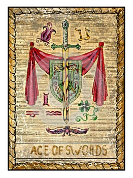 Old tarot cards. Full deck. Ace of Swords