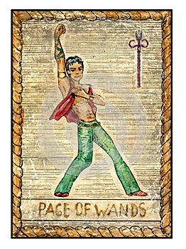 Old tarot cards. Full deck. Page of Wands photo