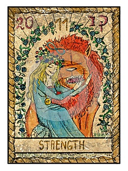 Old tarot cards. Full deck. Strength photo