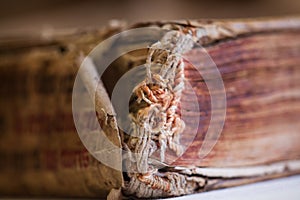 Old tattered book. Sheets of an old thick book. The old pages are tattered, torn. Ancient book