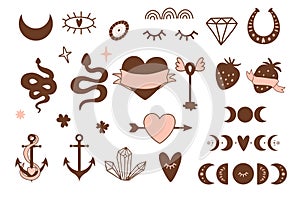 Old tattooing school colored icons set. Vintage tattoo logos. Brown pink shapes of snake, heart, anchor, moon phase