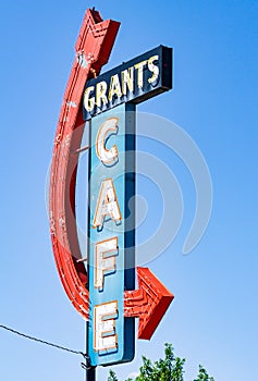 Old tatty retro cafe neon sign in Grants New Mexico